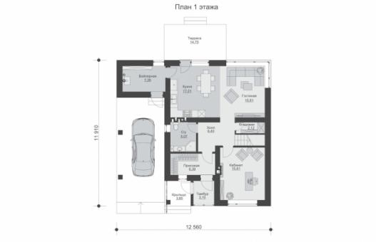 Двухэтажный дом с навесом под машину, террасой, балконом и кабинетом