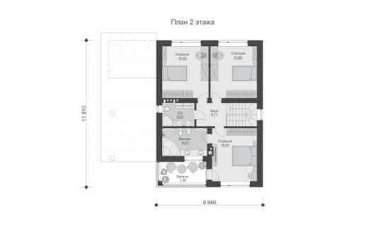 Двухэтажный дом с навесом под машину, террасой, балконом и кабинетом